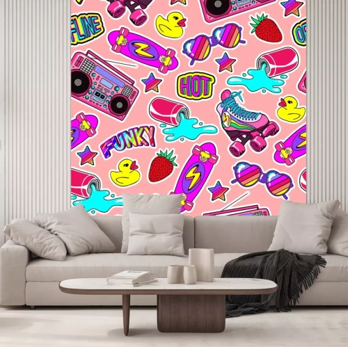 Sticker Seamless pattern with colorful elements: skateboard, sunglasses, boombox, rubber duck, vintage roller blades, spilling soda can, rainbow stars, funky patches, strawberries, etc. 80s comic style.