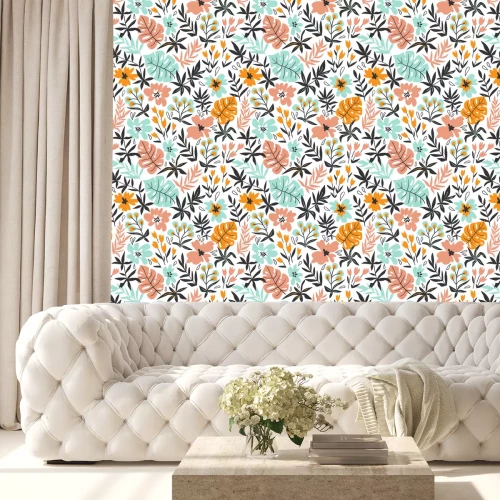 Tapete Bunte Blätter und tropische Blumen