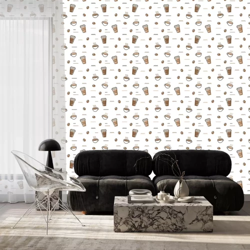 Tapete coffee bean mug cup memphis seamless pattern white background wallpaper download