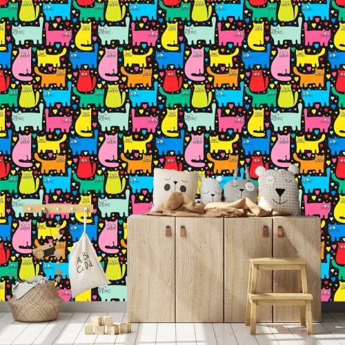 Tapete Bunte Katzen und Herzchen