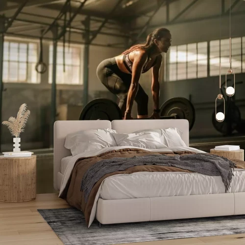 Fototapete Sportliche Frau, die Gewichte hebt