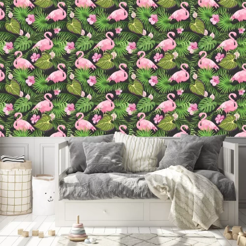Tapete Rosa Blumen und Flamingos auf dunklem Hintergrund