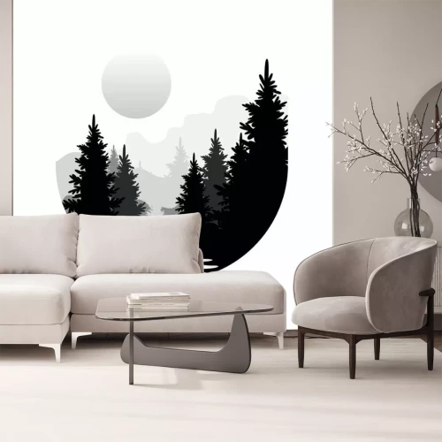 Sticker Zeichnung schwarz-weißer Wald und Sonne