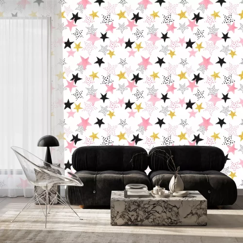 Tapete Seamless Stars pattern. Vector background with watercolor pink and glittering golden stars.