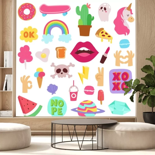 Sticker Sammlung von mehrfarbigen Grafiken zu verschiedenen Themen