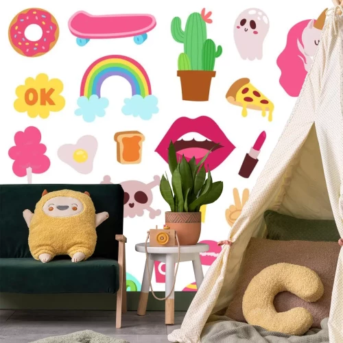 Sticker Sammlung von mehrfarbigen Grafiken zu verschiedenen Themen