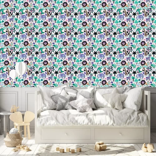 Tapete Elefanten, Krokodile, Giraffen und Palmen