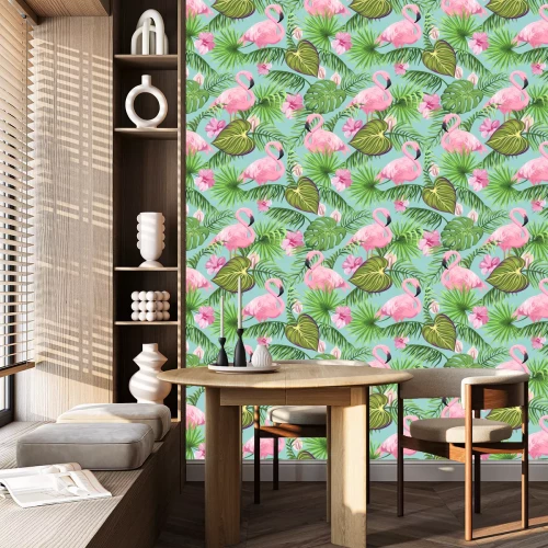 Tapete Flamingos und exotische Pflanze auf einem Motiv mit türkisfarbenem Hintergrund