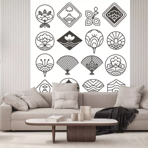 Sticker Japanese Monochrome Icons Set with Ethnic Motifs