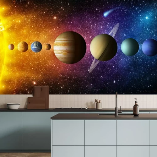 Fototapete Solar system planet, comet, sun and star. Elements of this image furnished by NASA. Sun, mercury, Venus, planet earth, Mars, Jupiter, Saturn, Uranus, Neptune.  Science and education background.
