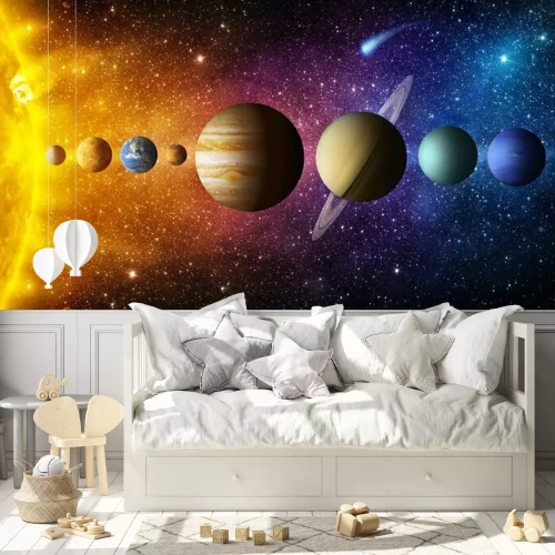 Fototapete Solar system planet, comet, sun and star. Elements of this image furnished by NASA. Sun, mercury, Venus, planet earth, Mars, Jupiter, Saturn, Uranus, Neptune.  Science and education background.