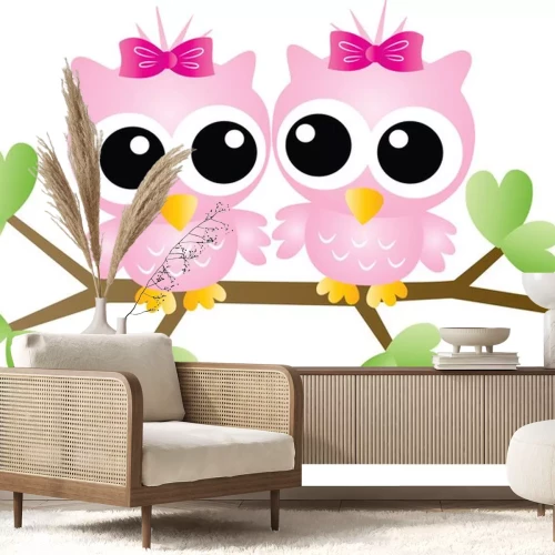 Sticker two adorable pink owls sitting on a branch