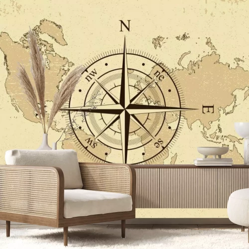 Sticker Vintage Weltkarte mit Retro-Kompass. Hintergrund alte Papier Karte und Wind stieg. Vektor-Illustration.