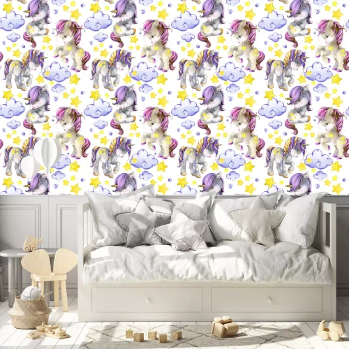 Tapete Gemalte Einhörner Wolken und Sterne
