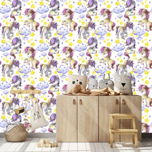 Tapete Gemalte Einhörner Wolken und Sterne
