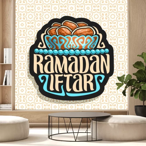 Sticker Vector Logo für Ramadan Iftar, schwarzes Zeichen mit Stapel des islamischen Hungernahrungsmittels - getrocknete Daten in der alten Bronzeschüssel und blauen Gebetsperlen oder im moslemischen Rosenbeet