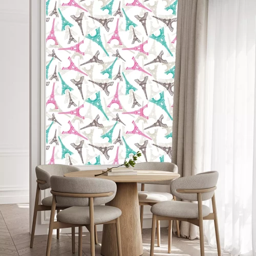 Tapete Nahtloses Muster des Eiffelturms. Französischer Vektor Hintergrund. Vintage Stoff Textur in Pastellfarben