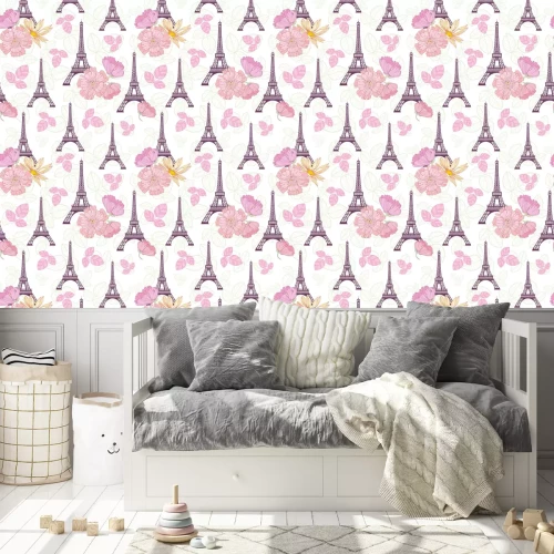 Tapete Vektor-Frühlings-purpurroter rosa Eifel-Turm Paris und Rosen-Blumen-nahtloses Wiederholungs-Muster umgeben durch St.-Valentinsgruß-Tagesherzen der Liebe. Vervollkommnen Sie für themed Postkarten der R