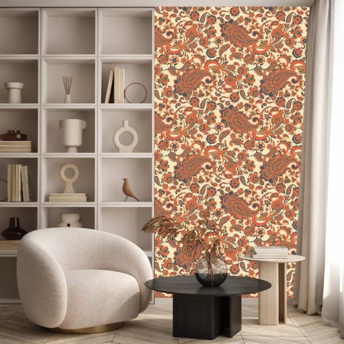 Tapete Orange orientalische Blumen und Blätter