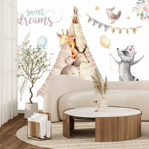 Fototapete Tiere auf weißem Boho Hintergrund