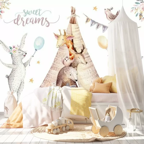 Fototapete Tiere auf weißem Boho Hintergrund