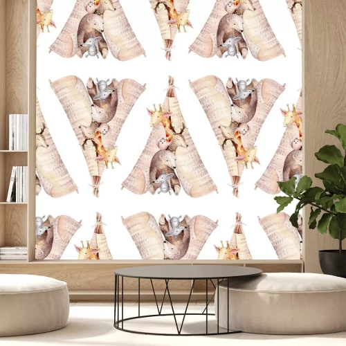 Sticker Netter Familienbaby Raccon, Rotwild und Häschen. Tierkindergartengiraffe und Bär lokalisierten Illustration. Aquarell boho Raccon Zeichnung Kinderzimmer nahtlose Muster. Kinder Hintergrund, Kindergart