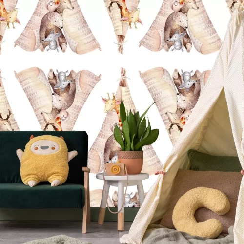 Sticker Netter Familienbaby Raccon, Rotwild und Häschen. Tierkindergartengiraffe und Bär lokalisierten Illustration. Aquarell boho Raccon Zeichnung Kinderzimmer nahtlose Muster. Kinder Hintergrund, Kindergart