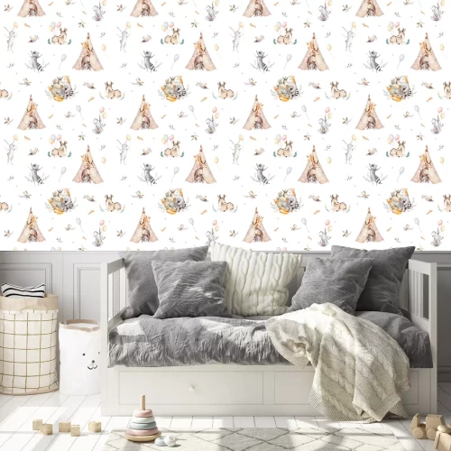 Tapete Netter Familienbaby Raccon, Rotwild und Häschen. Tierkindergartengiraffe und Bär lokalisierten Illustration. Aquarell boho Raccon Zeichnung Kinderzimmer nahtlose Muster. Kinder Hintergrund, Kindergart