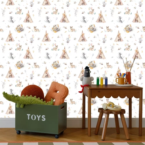 Tapete Netter Familienbaby Raccon, Rotwild und Häschen. Tierkindergartengiraffe und Bär lokalisierten Illustration. Aquarell boho Raccon Zeichnung Kinderzimmer nahtlose Muster. Kinder Hintergrund, Kindergart