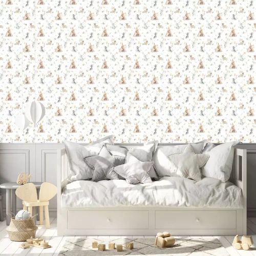 Tapete Netter Familienbaby Raccon, Rotwild und Häschen. Tierkindergartengiraffe und Bär lokalisierten Illustration. Aquarell boho Raccon Zeichnung Kinderzimmer nahtlose Muster. Kinder Hintergrund, Kindergart