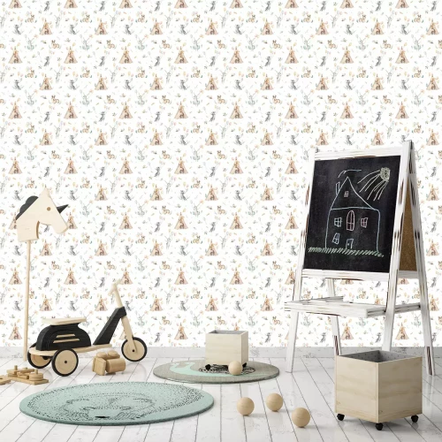 Tapete Netter Familienbaby Raccon, Rotwild und Häschen. Tierkindergartengiraffe und Bär lokalisierten Illustration. Aquarell boho Raccon Zeichnung Kinderzimmer nahtlose Muster. Kinder Hintergrund, Kindergart