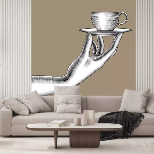 Sticker Hand hält Tasse auf Untertasse