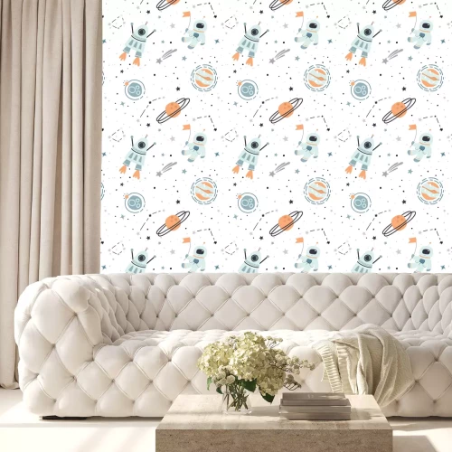 Tapete Nahtloses Muster mit Hand gezeichneten Raumelementen: Kosmonaut, Astronaut, Raum, Rakete, Sterne, Sternschnuppe, Planeten. Modischer Kindervektorhintergrund auf Weiß.