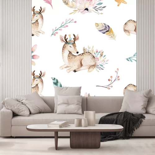 Sticker Netter Familienbaby Raccon, Rotwild und Häschen. Tierkindergartengiraffe und Bär lokalisierten Illustration. Aquarell boho Raccon Zeichnung Kinderzimmer nahtlose Muster. Kinder Hintergrund, Kindergart