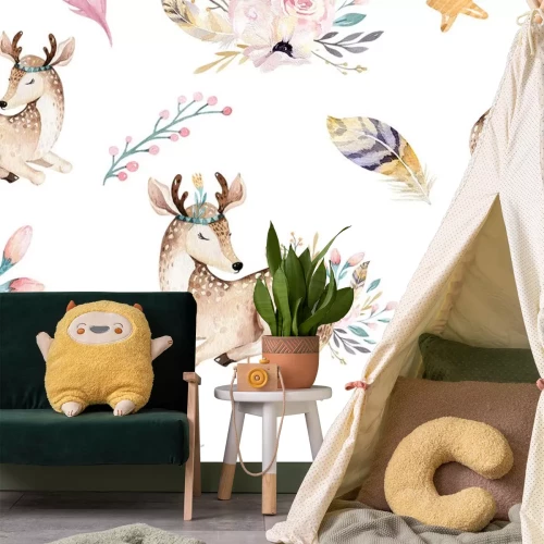 Sticker Netter Familienbaby Raccon, Rotwild und Häschen. Tierkindergartengiraffe und Bär lokalisierten Illustration. Aquarell boho Raccon Zeichnung Kinderzimmer nahtlose Muster. Kinder Hintergrund, Kindergart