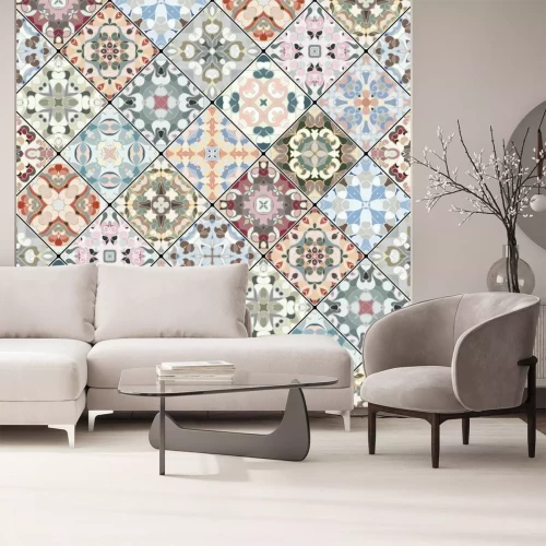 Sticker Orange, grüne und blaue abstrakte Muster im Mosaiksatz. Quadratische Fetzen im orientalischen Stil. Vektor-Illustration. Ideal zum Bedrucken von Stoff oder Papier.