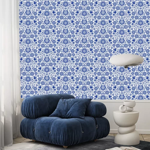 Tapete Nahtloses mit Blumenvolkskunstvektormuster, skandinavisches dunkelblaues sich wiederholendes Design, nordische Verzierung mit Blumen