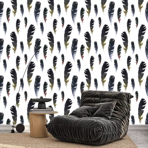 Tapete Nahtloses wildes Muster. Hintergrund mit Federn auf weißem Hintergrund. Natürliches Aquarell Muster. Boho-Stil.