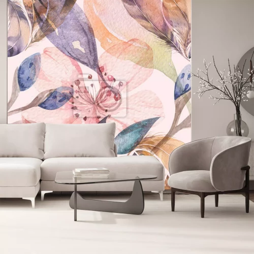 Fototapete Bunte Blätter und Federn im Aquarellstil