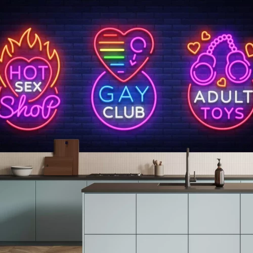 Sticker Sex-Shop-Reihe von Logos in Neon-Stil. Leuchtreklame-Sammlung, homosexueller Verein, erwachsene Spielwaren, Designschablone, helle Fahne auf dem Thema der Sexindustrie, helle Neonwerbung. Vektor-Illus
