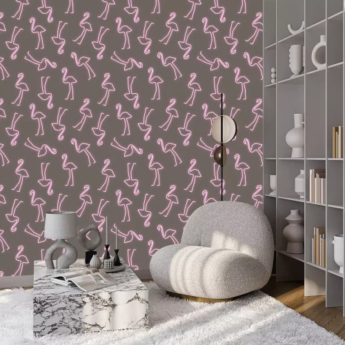 Tapete Imitation von Neonflamingos auf dunklem Hintergrund