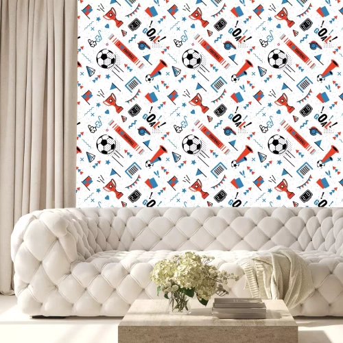 Tapete Fußball- / Fußballzusammenfassungshintergrund in Memphis-Art 80s. Nahtloses Memphis-Muster für Angeber und Karten. Vektor-Illustration