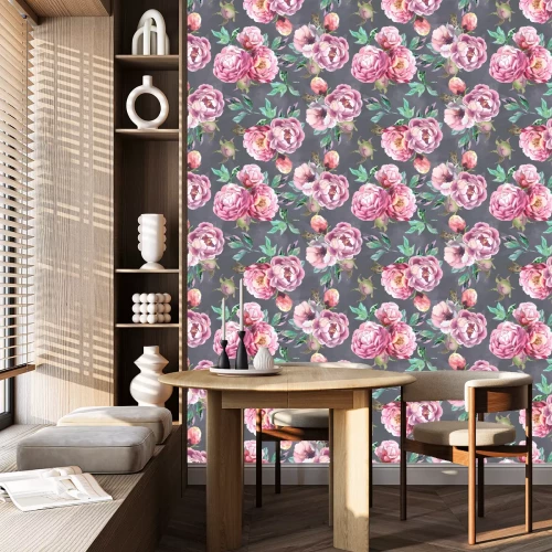 Tapete Pastellfarbene Pfingstrosen auf einem ungleichartigen grauen Hintergrund