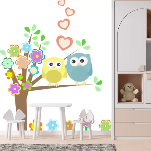 Sticker Hintergrund mit Eulen in Liebe auf Zweig sitzt