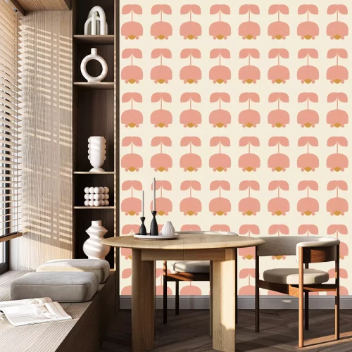 Tapete Skandinavische rosa Blumen im Retro-Stil