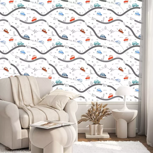 Tapete Nahtloses Muster mit kleinen Autos und Verkehrsschildern auf weißem Hintergrund