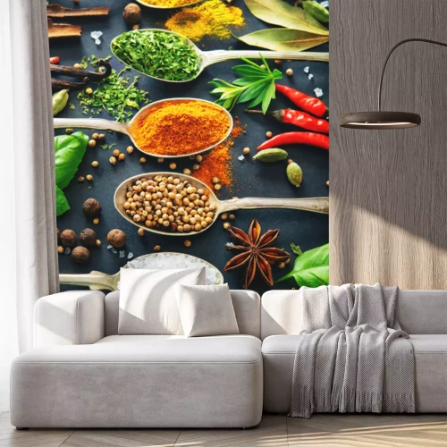 Sticker Löffel mit Gewürzen auf dunklem Hintergrund