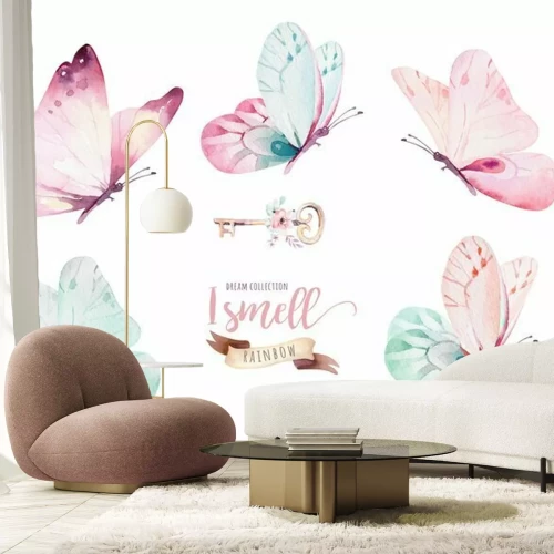 Sticker Bunte Schmetterlinge des Aquarells, lokalisiert auf weißem Hintergrund. blaue, gelbe, rosa und rote Schmetterlingsillustration.