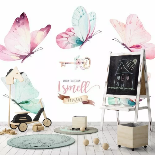 Sticker Bunte Schmetterlinge des Aquarells, lokalisiert auf weißem Hintergrund. blaue, gelbe, rosa und rote Schmetterlingsillustration.