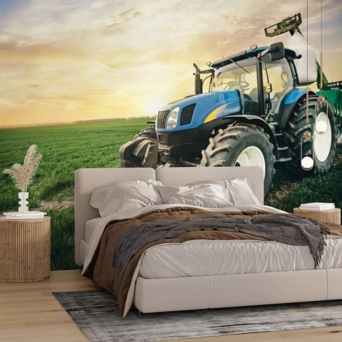 Fototapete 3d-Traktor auf dem Feld bei Sonnenuntergang